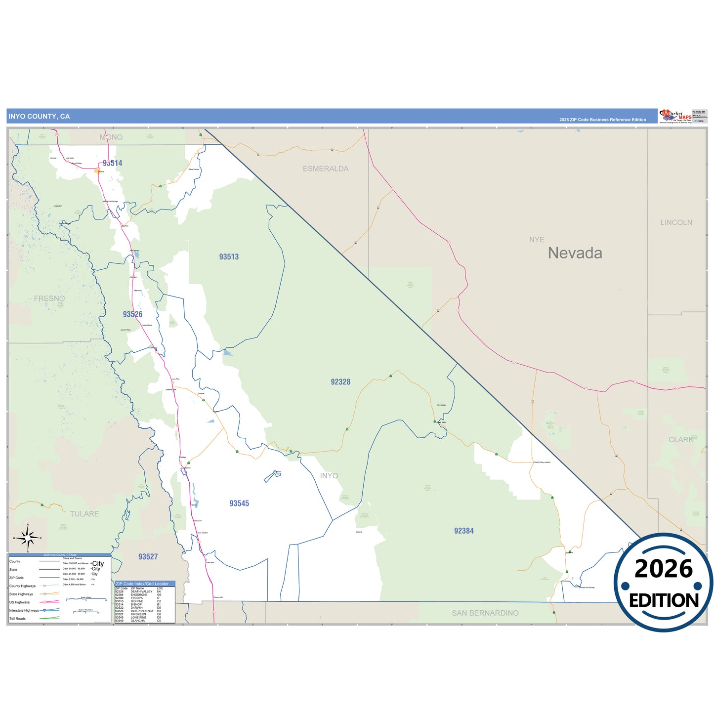 Inyo County, CA Business Reference 5 Digit ZIP Code Wall Map