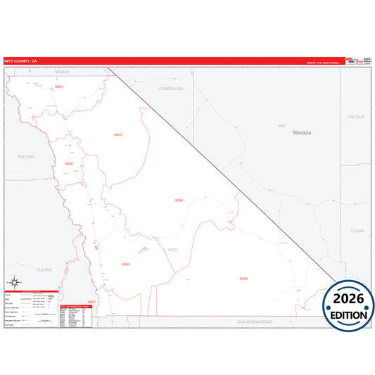 Inyo County, CA Red Line 5 Digit ZIP Code Wall Map