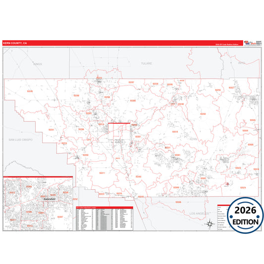 Kern County, CA Red Line 5 Digit ZIP Code Wall Map