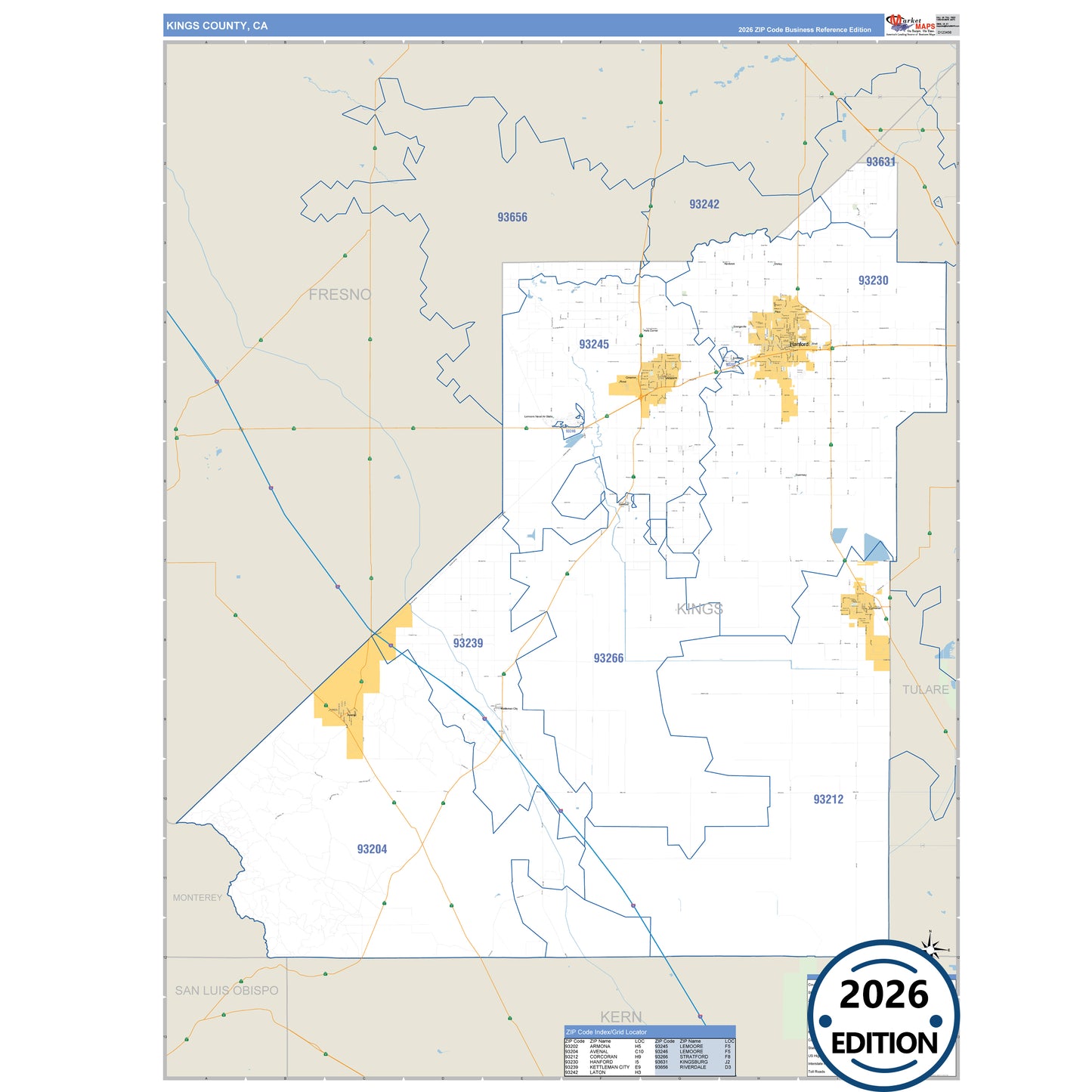 Kings County, CA Business Reference 5 Digit ZIP Code Wall Map