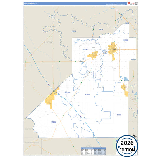 Kings County, CA Business Reference 5 Digit ZIP Code Wall Map