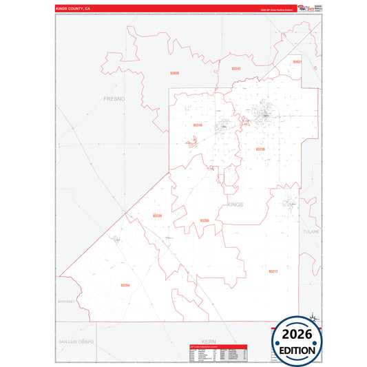 Kings County, CA Red Line 5 Digit ZIP Code Wall Map