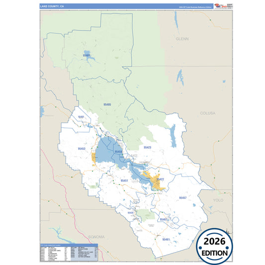 Lake County, CA Business Reference 5 Digit ZIP Code Wall Map