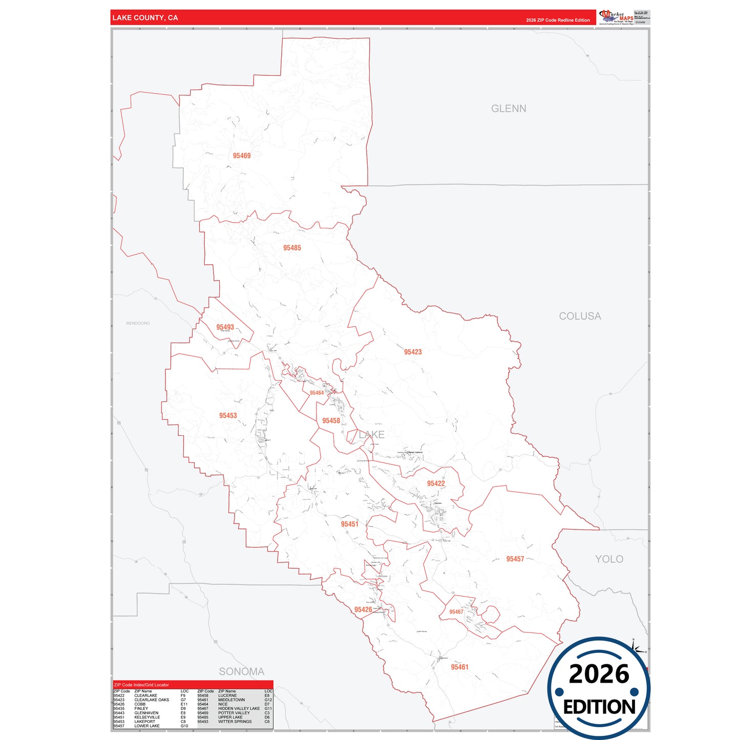 Lake County, CA Red Line map with detailed roads, cities, and ZIP code boundaries.