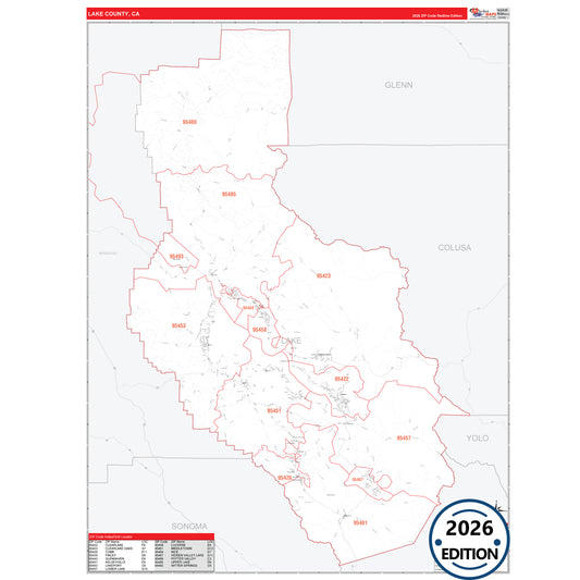 Lake County, CA Red Line 5 Digit ZIP Code Wall Map