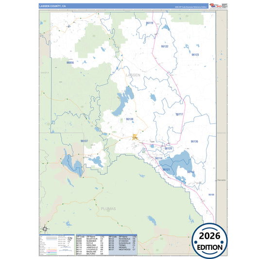 Lassen County, CA Business Reference 5 Digit ZIP Code Wall Map