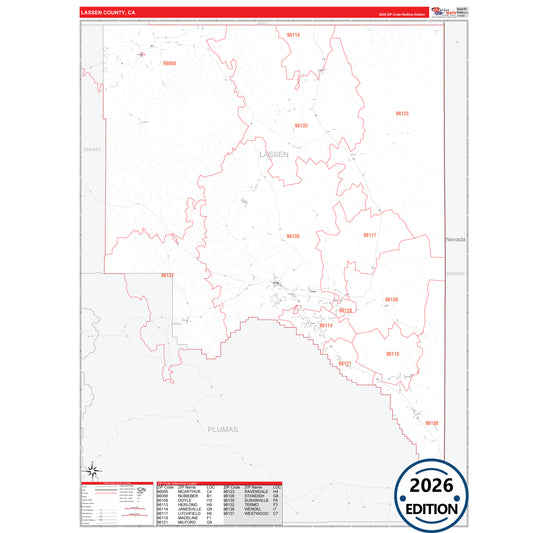 Lassen County, CA Red Line 5 Digit ZIP Code Wall Map