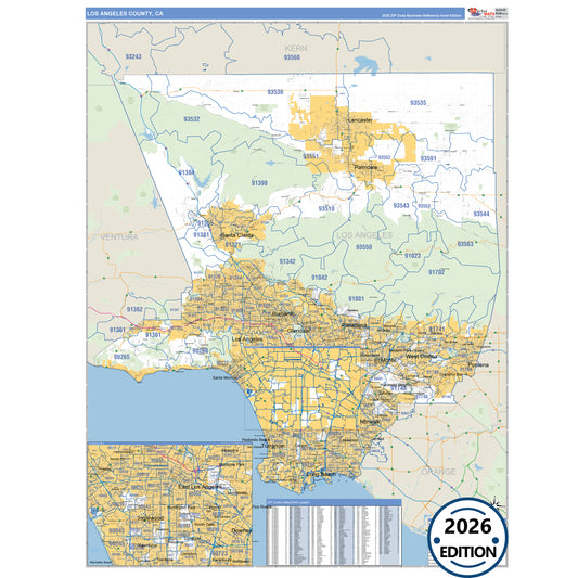 Los Angeles County, CA Business Reference 5 Digit ZIP Code Wall Map