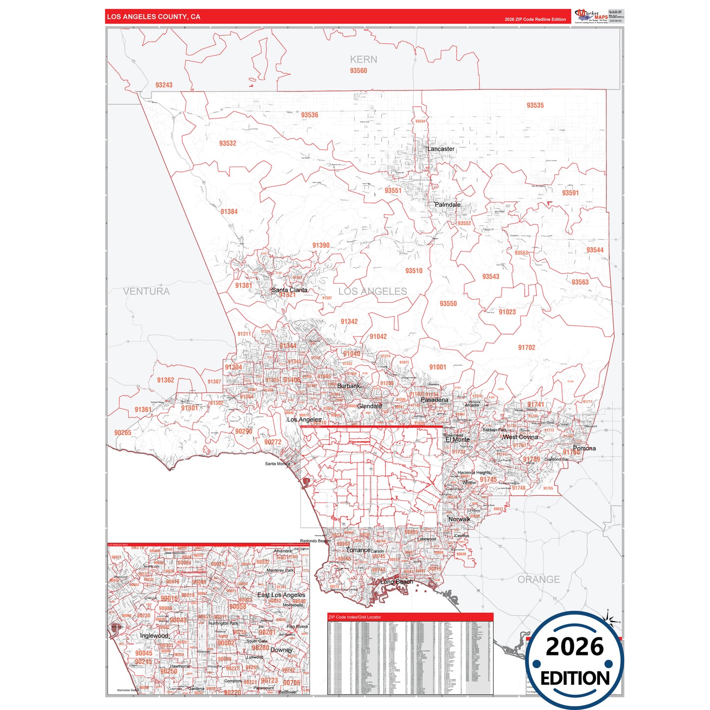 Los Angeles County, CA Red Line 5 Digit ZIP Code Wall Map