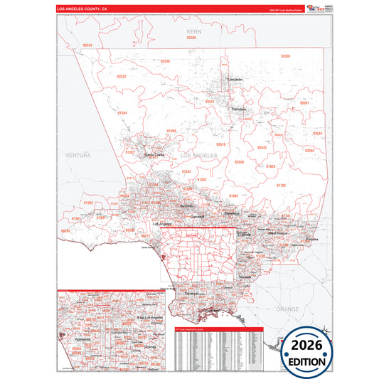 Los Angeles County, CA Red Line 5 Digit ZIP Code Wall Map