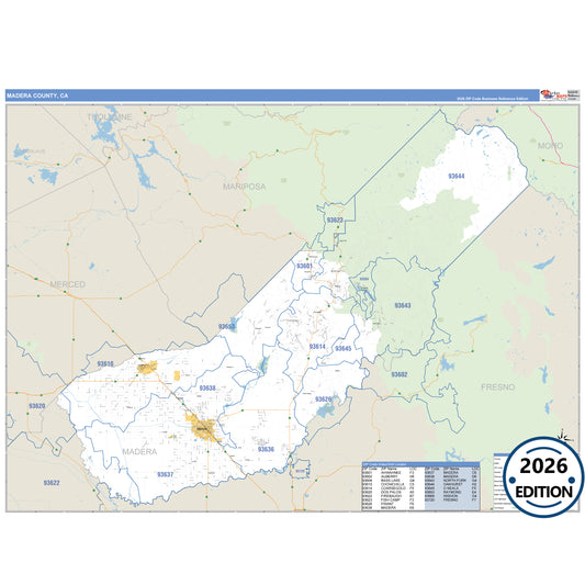 Madera County, CA Business Reference 5 Digit ZIP Code Wall Map