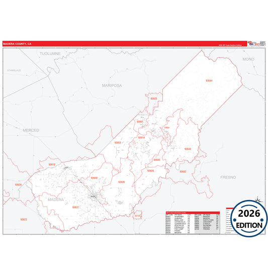 Madera County, CA Red Line 5 Digit ZIP Code Wall Map