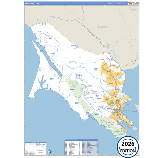 Marin County, CA Business Reference 5 Digit ZIP Code Wall Map
