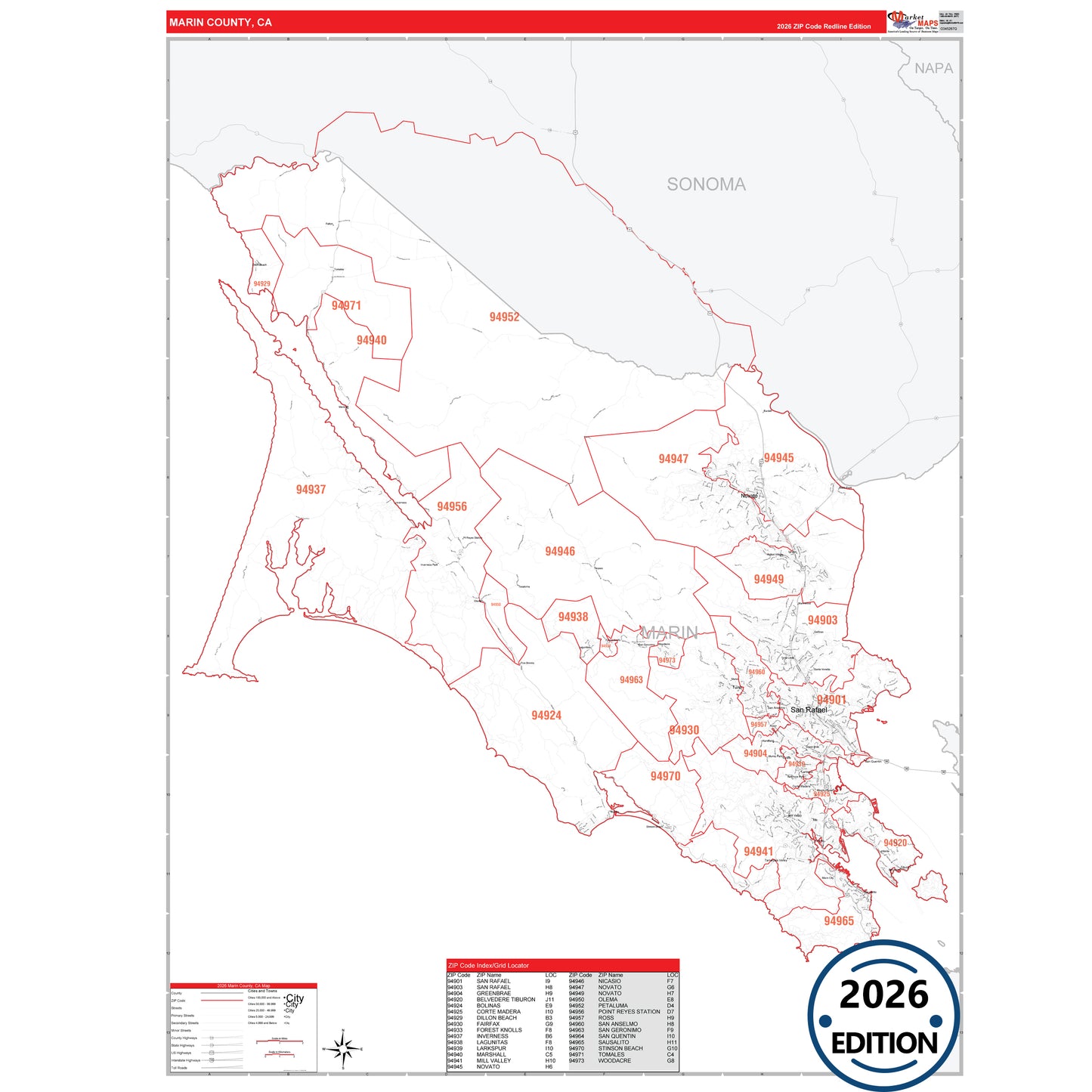 Marin County, CA Red Line 5 Digit ZIP Code Wall Map