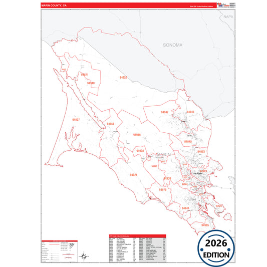 Marin County, CA Red Line 5 Digit ZIP Code Wall Map