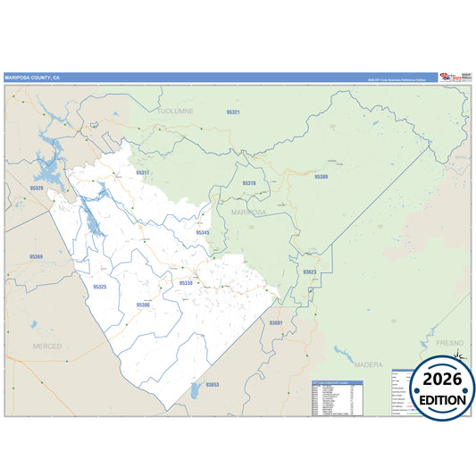 Mariposa County, CA Business Reference 5 Digit ZIP Code Wall Map