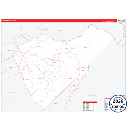 Mariposa County, CA Red Line 5 Digit ZIP Code Wall Map