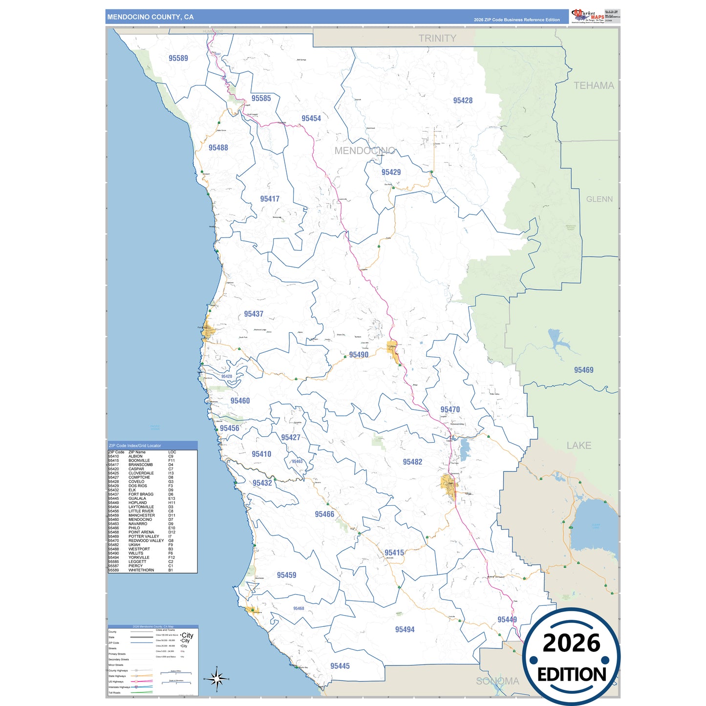 Mendocino County, CA Business Reference 5 Digit ZIP Code Wall Map