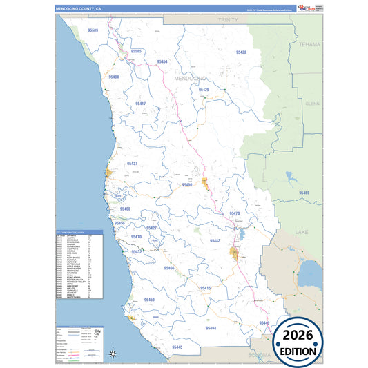 Mendocino County, CA Business Reference 5 Digit ZIP Code Wall Map