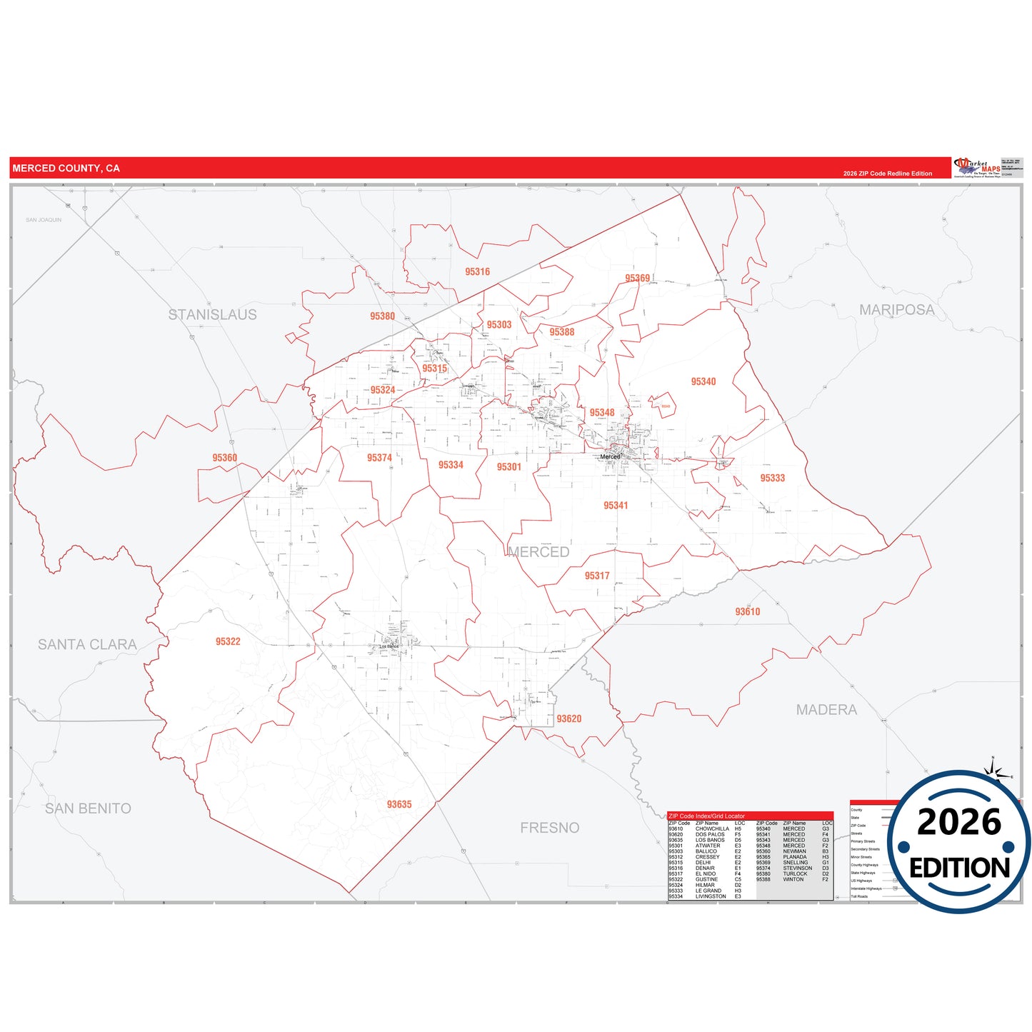 Merced County, CA Red Line 5 Digit ZIP Code Wall Map