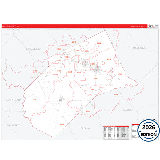 Merced County, CA Red Line 5 Digit ZIP Code Wall Map