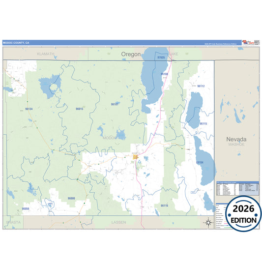 Modoc County, CA Business Reference 5 Digit ZIP Code Wall Map