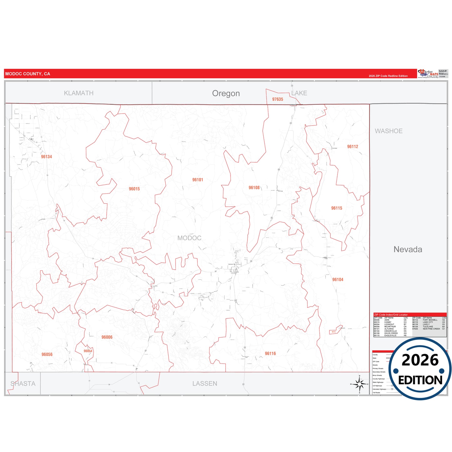 Modoc County, CA Red Line 5 Digit ZIP Code Wall Map