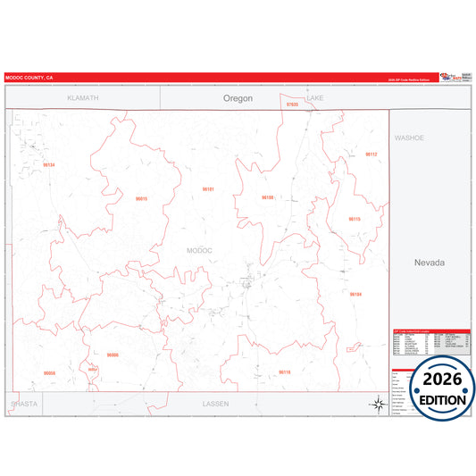 Modoc County, CA Red Line 5 Digit ZIP Code Wall Map