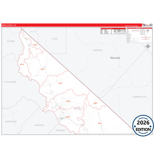 Mono County, CA Red Line 5 Digit ZIP Code Wall Map