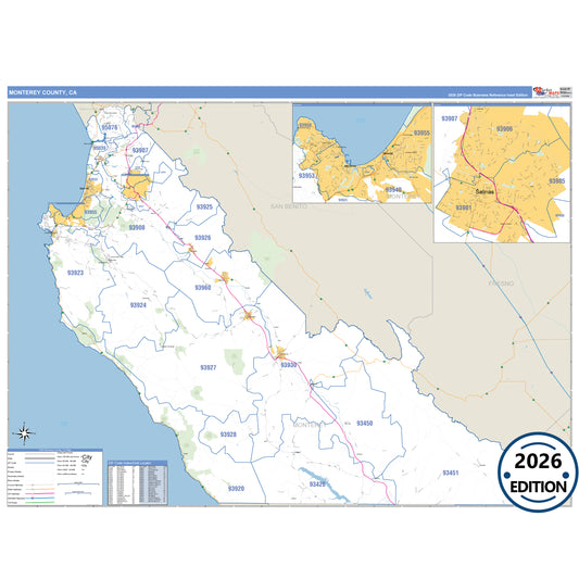 Monterey County, CA Business Reference 5 Digit ZIP Code Wall Map