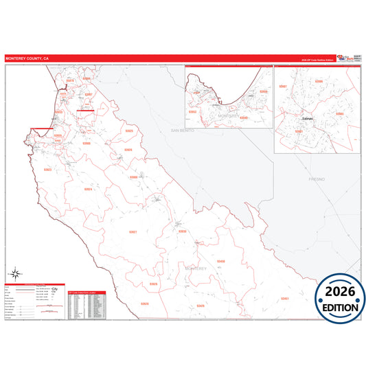 Monterey County, CA Red Line 5 Digit ZIP Code Wall Map