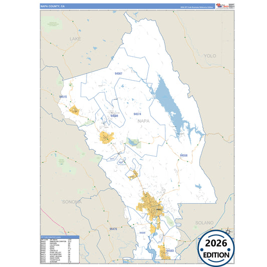 Napa County, CA Business Reference 5 Digit ZIP Code Wall Map