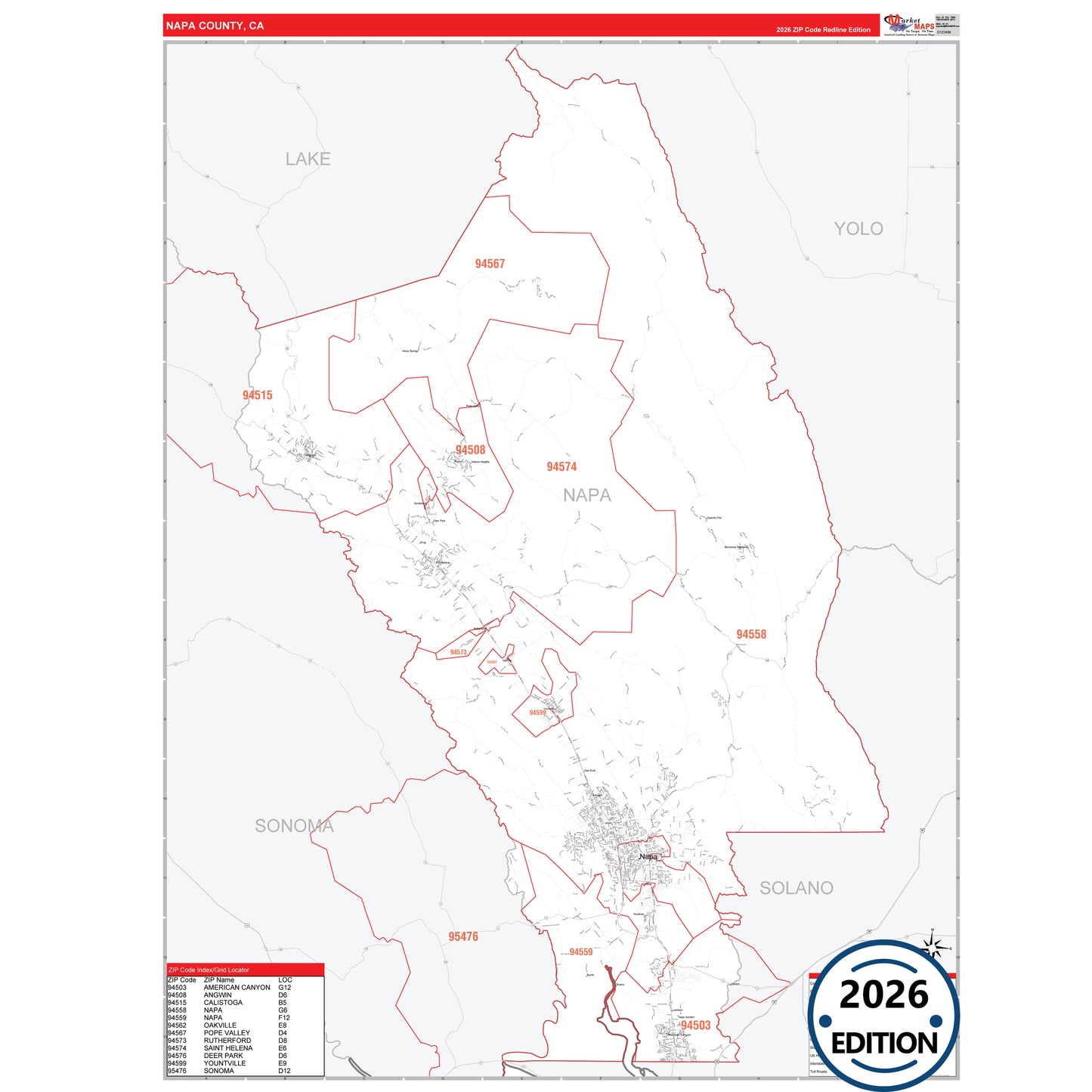 Napa County, CA Red Line 5 Digit ZIP Code Wall Map