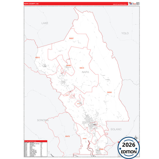 Napa County, CA Red Line 5 Digit ZIP Code Wall Map