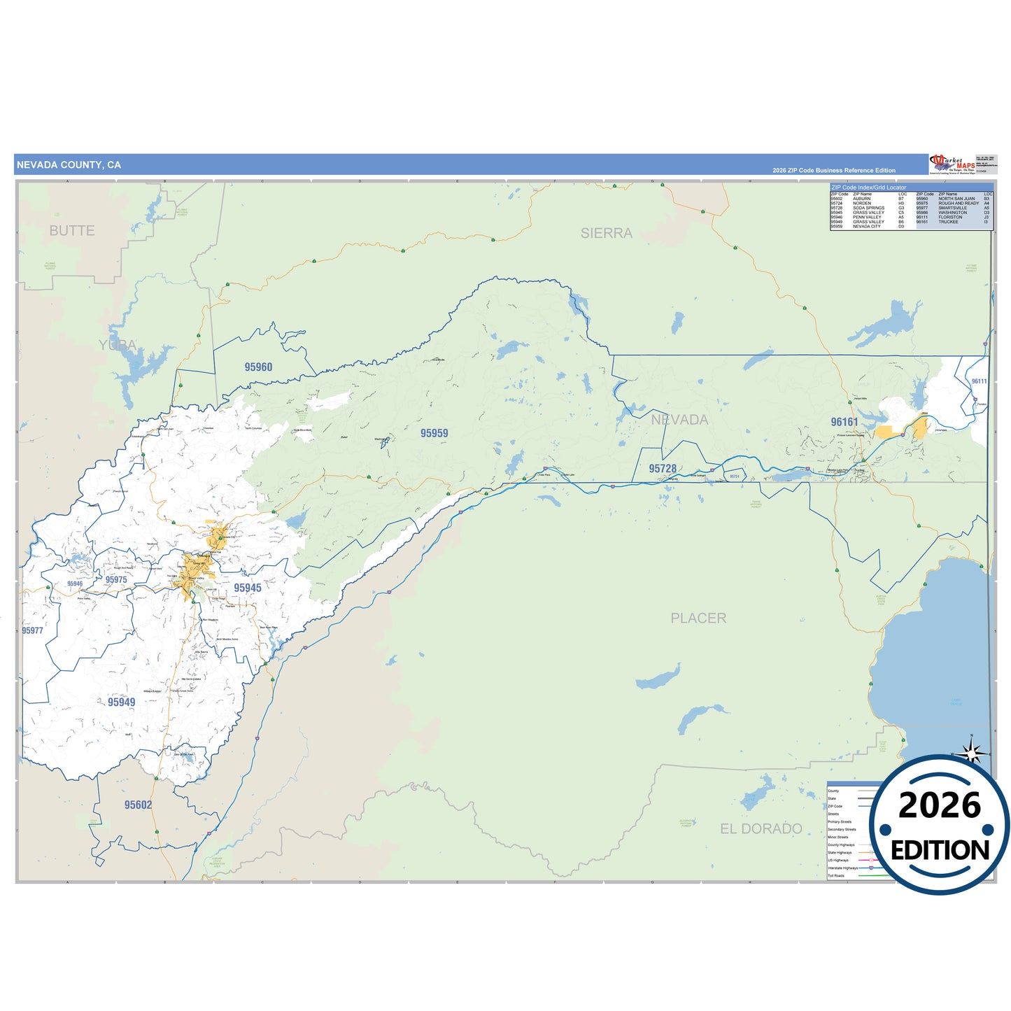 Nevada County, CA Business Reference 5 Digit ZIP Code Wall Map