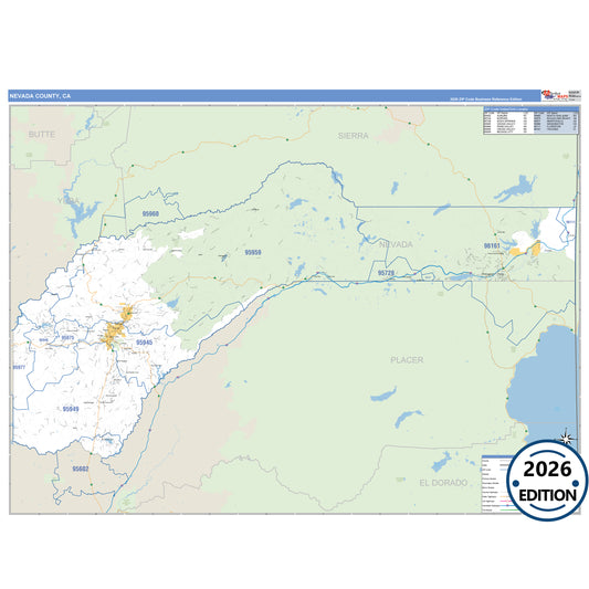 Nevada County, CA Business Reference 5 Digit ZIP Code Wall Map