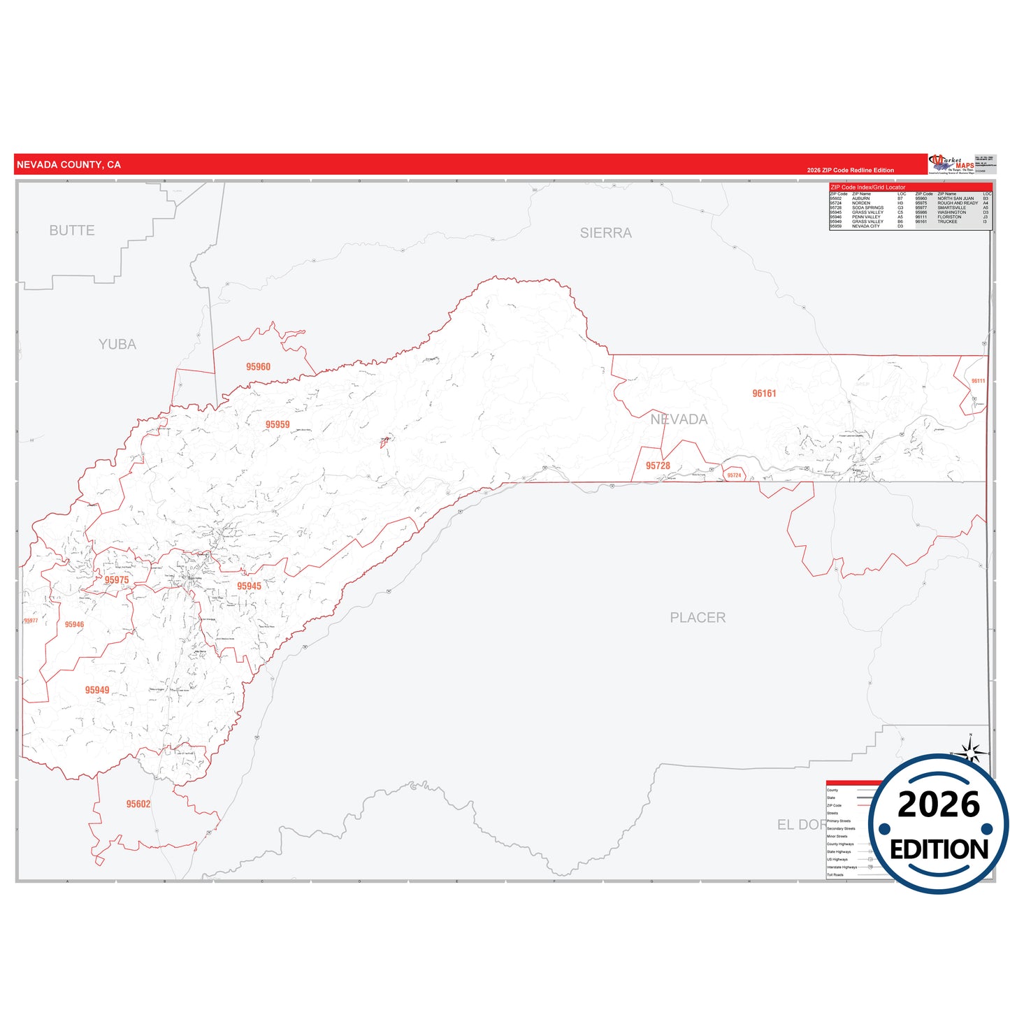 Nevada County, CA Red Line 5 Digit ZIP Code Wall Map