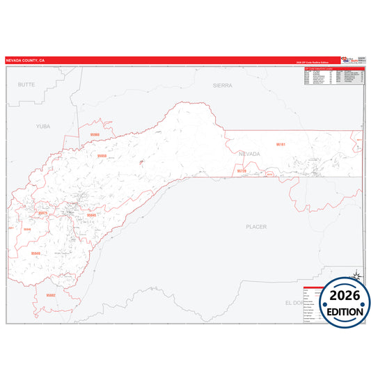 Nevada County, CA Red Line 5 Digit ZIP Code Wall Map