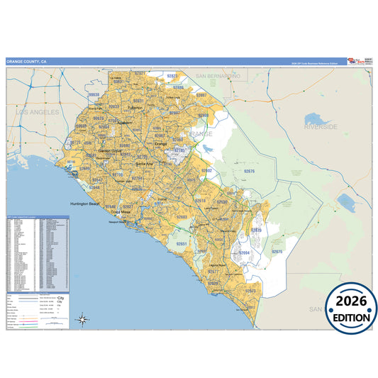 Orange County, CA Business Reference 5 Digit ZIP Code Wall Map