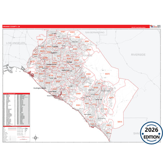 Orange County, CA Red Line 5 Digit ZIP Code Wall Map