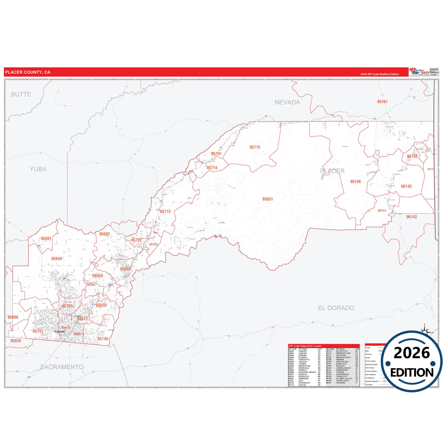 Placer County, CA Red Line 5 Digit ZIP Code Wall Map