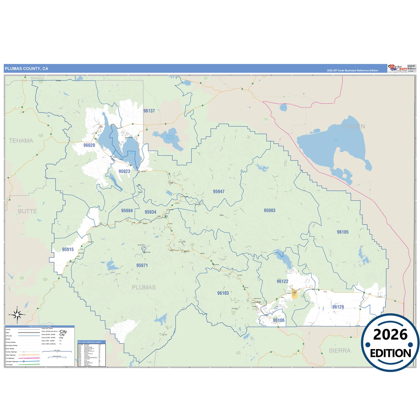 Plumas County, CA Business Reference 5 Digit ZIP Code Wall Map