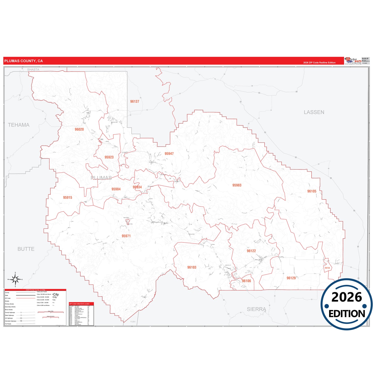 Plumas County, CA Red Line 5 Digit ZIP Code Wall Map