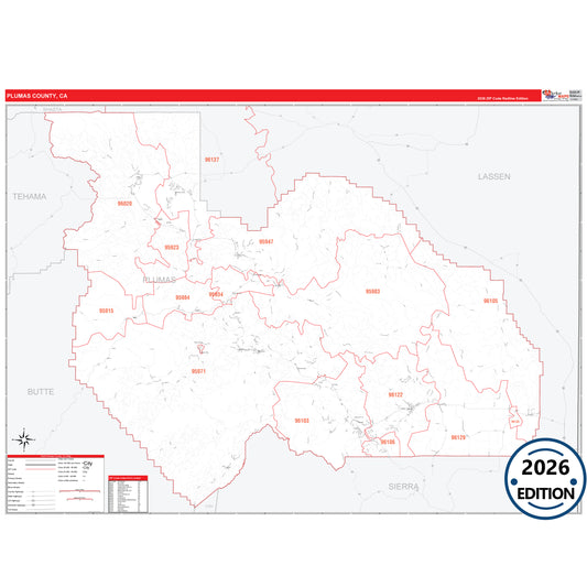 Plumas County, CA Red Line 5 Digit ZIP Code Wall Map