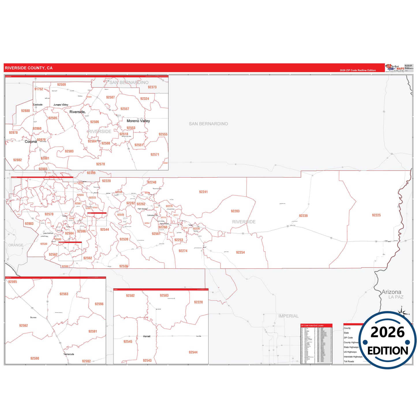 Riverside County, CA Red Line 5 Digit ZIP Code Wall Map