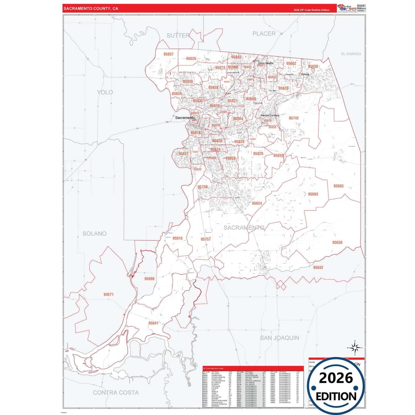 Sacramento County, CA Red Line 5 Digit ZIP Code Wall Map