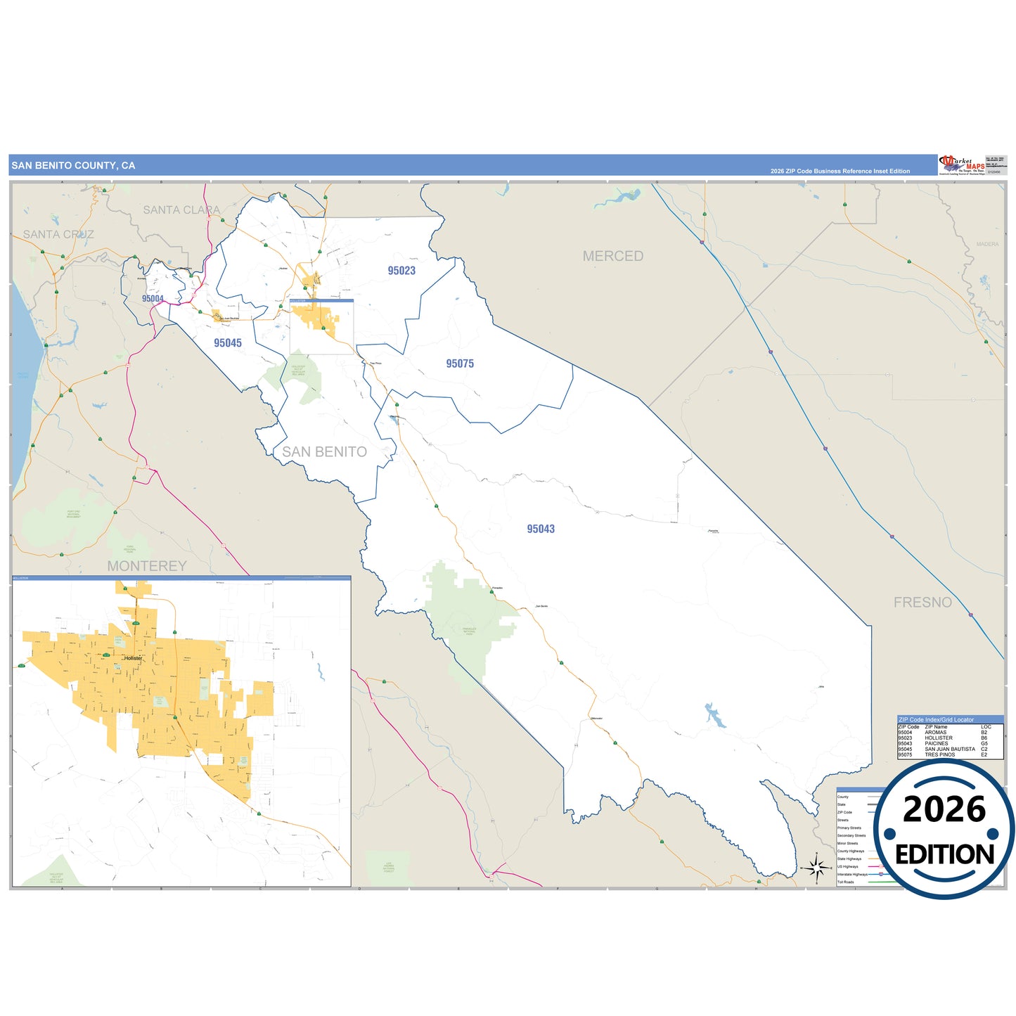 San Benito County, CA Business Reference 5 Digit ZIP Code Wall Map