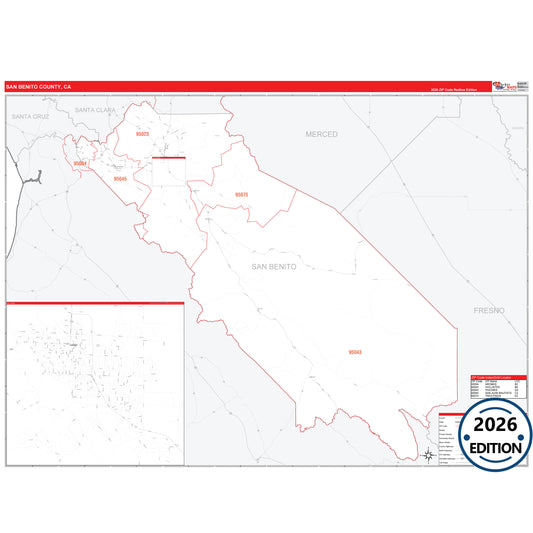 San Benito County, CA Red Line 5 Digit ZIP Code Wall Map