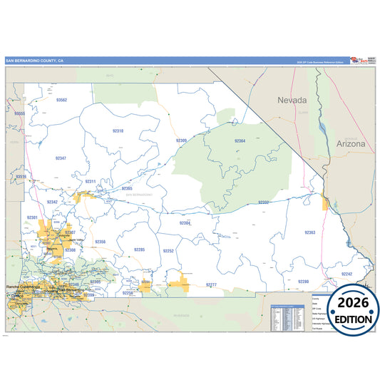 San Bernardino County, CA Business Reference 5 Digit ZIP Code Wall Map