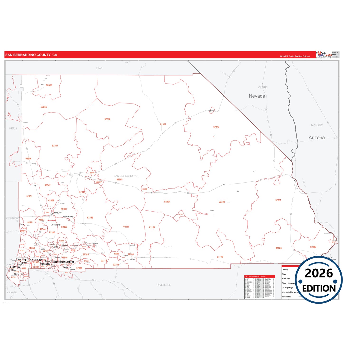 San Bernardino County, CA Red Line 5 Digit ZIP Code Wall Map